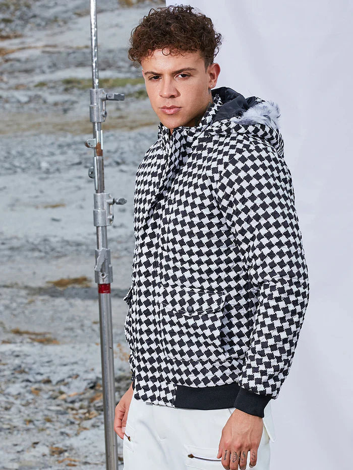 Checkboard Puffer Jacket With Fleece Hood